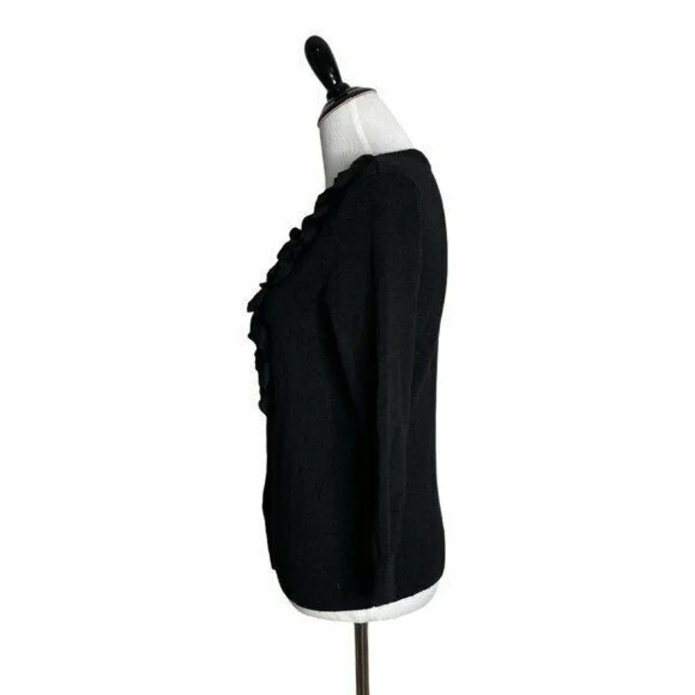 Black Ruffled Cardigan Sweater Scoop Neck Layered Frill‎ 3/4 Sleeve Knit Top MP